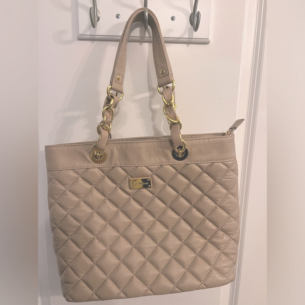 ST John Tan Quilted Leather Tote with Gold Hardware